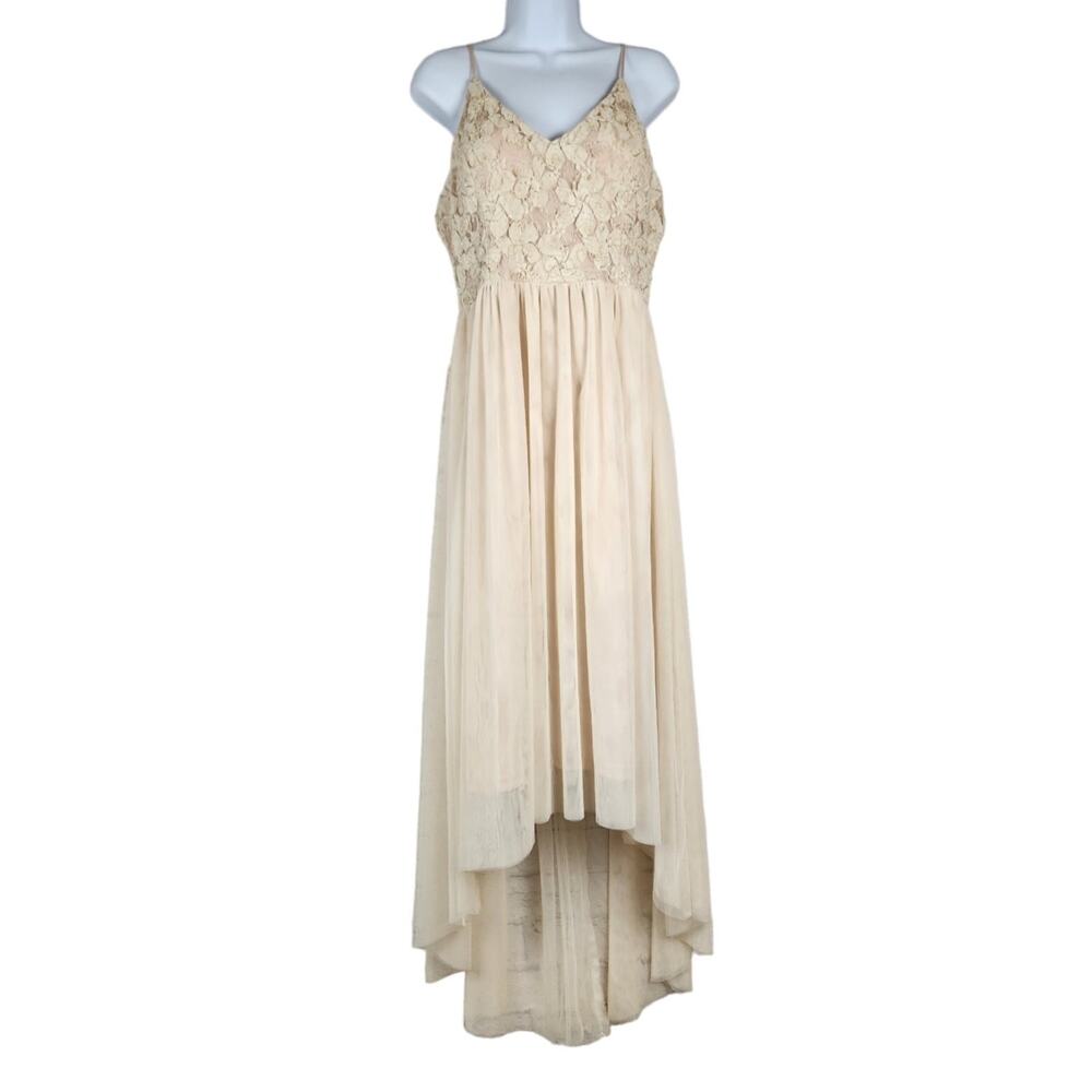 Soieblu Dress Women Size Large Lace Embellished Hi Low Netting Skirt Ivory Fairy